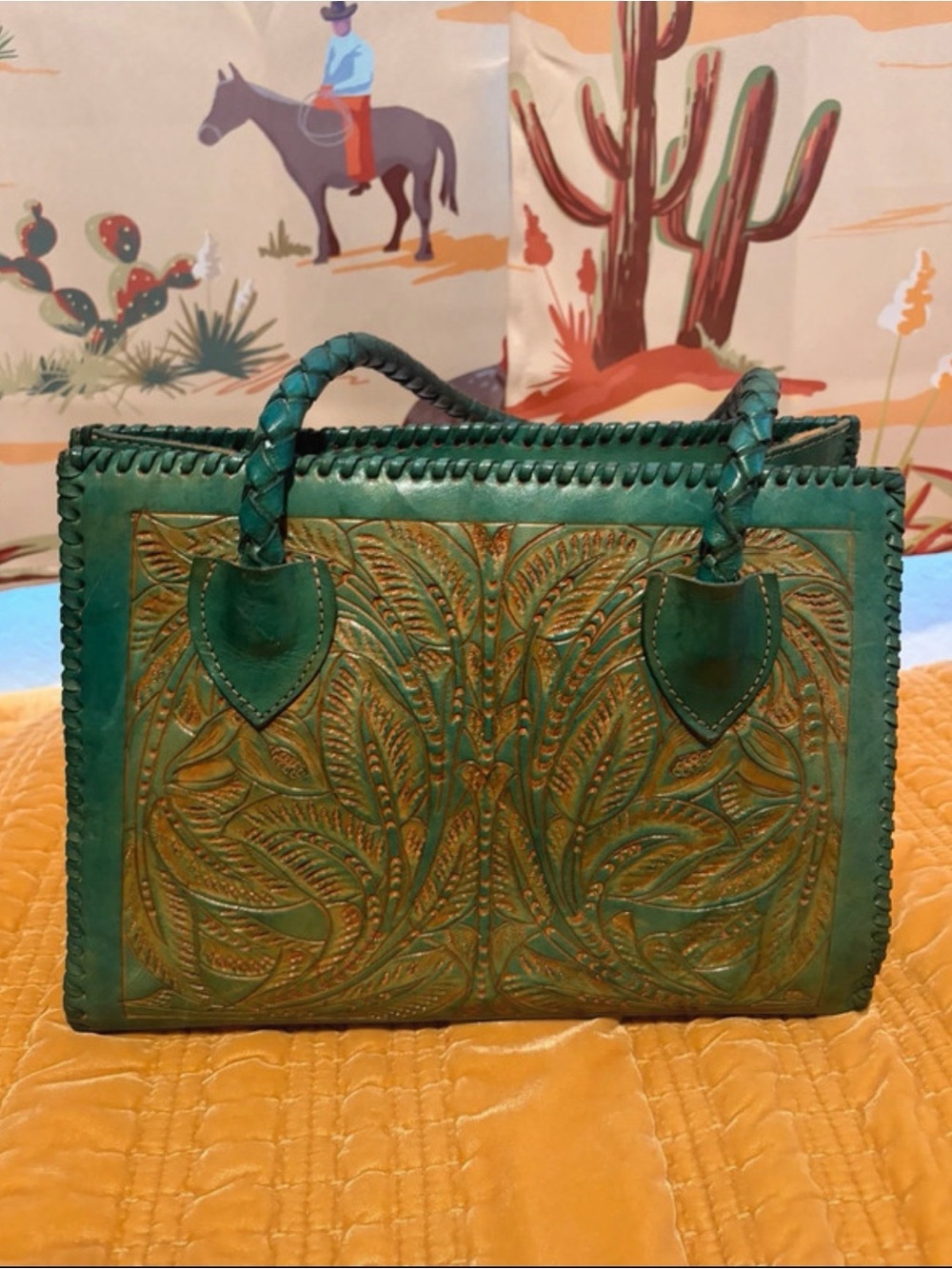 Handcrafted Green Tooled Leather Tote